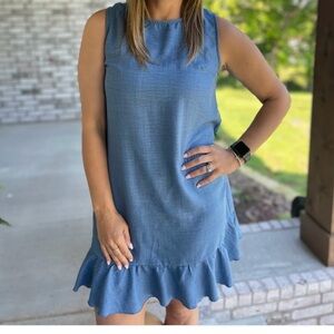Sleeveless Blue Ruffle Hem Dress